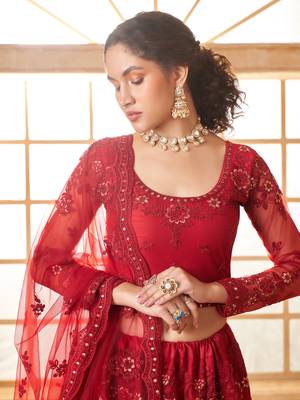 Red Cording & Thread Embroidered With Stone Work Lehenga Choli 2