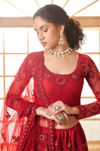 Red Cording & Thread Embroidered With Stone Work Lehenga Choli