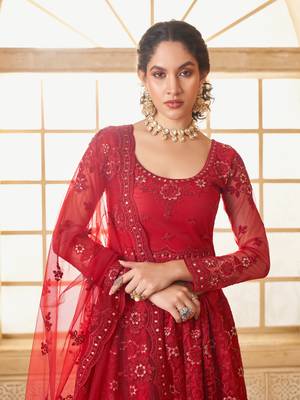 Red Cording & Thread Embroidered With Stone Work Lehenga Choli 3