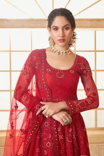 Red Cording & Thread Embroidered With Stone Work Lehenga Choli