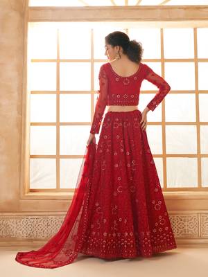 Red Cording & Thread Embroidered With Stone Work Lehenga Choli 4