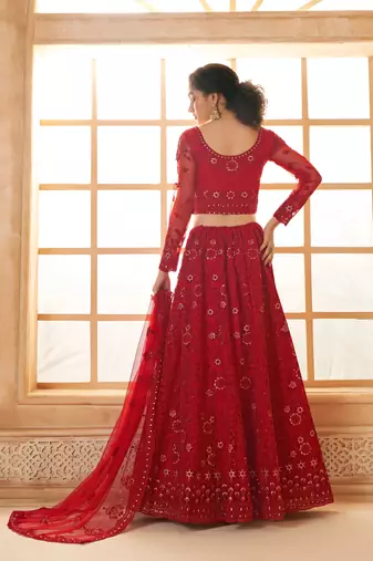 Red Cording & Thread Embroidered With Stone Work Lehenga Choli
