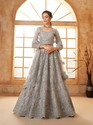 Light-Grey Cording & Thread Embroidered With Stone Work Lehenga Choli For Bride 1