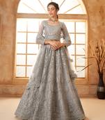 Light-Grey Cording & Thread Embroidered With Stone Work Lehenga Choli For Bride