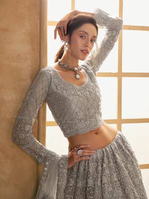 Light-Grey Cording & Thread Embroidered With Stone Work Lehenga Choli For Bride 2