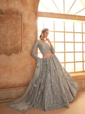 Light-Grey Cording & Thread Embroidered With Stone Work Lehenga Choli For Bride 3
