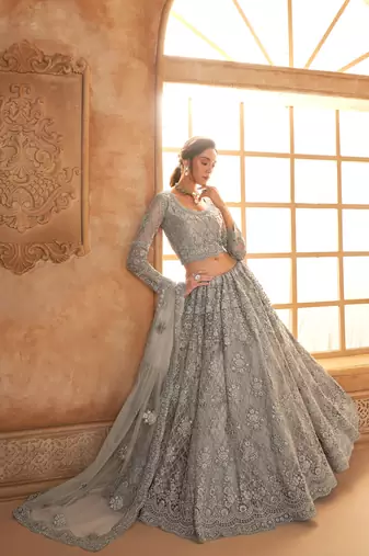 Light-Grey Cording & Thread Embroidered With Stone Work Lehenga Choli For Bride