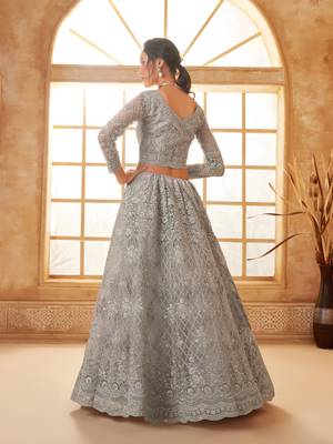 Light-Grey Cording & Thread Embroidered With Stone Work Lehenga Choli For Bride 4
