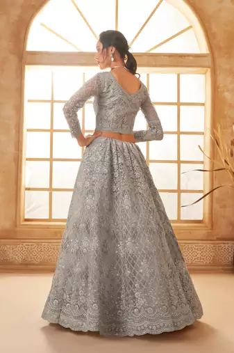 Light-Grey Cording & Thread Embroidered With Stone Work Lehenga Choli For Bride