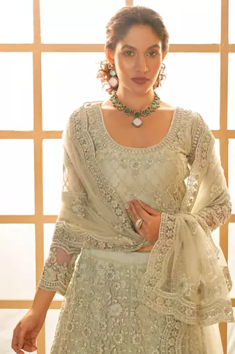 Light-Green Cording & Thread Embroidered With Stone Work Lehenga Choli