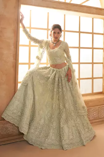 Light-Green Cording & Thread Embroidered With Stone Work Lehenga Choli
