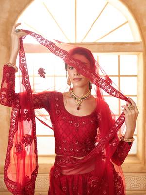 Red Cording & Thread Embroidered With Stone Work Lehenga Choli 2