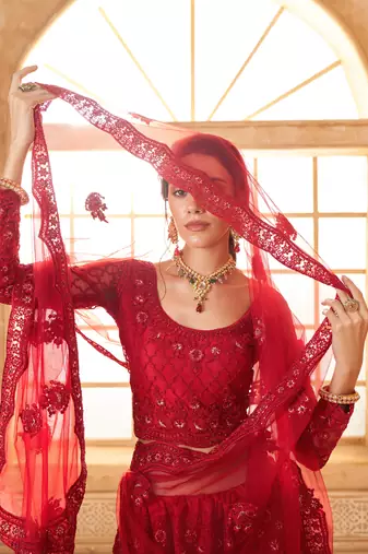 Red Cording & Thread Embroidered With Stone Work Lehenga Choli