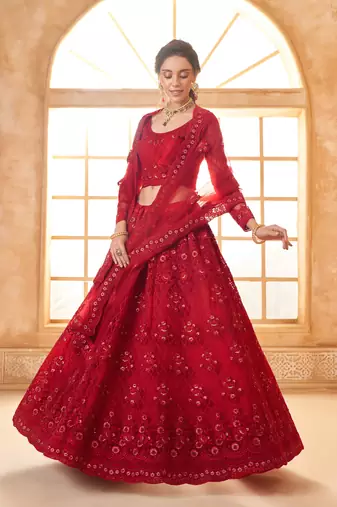 Red Cording & Thread Embroidered With Stone Work Lehenga Choli
