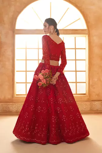 Red Cording & Thread Embroidered With Stone Work Lehenga Choli