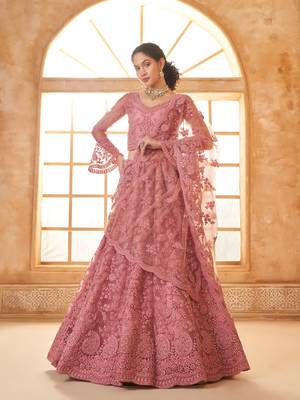 Light-Pink Cording & Thread Embroidered With Stone Work Lehenga Choli For Bride 1