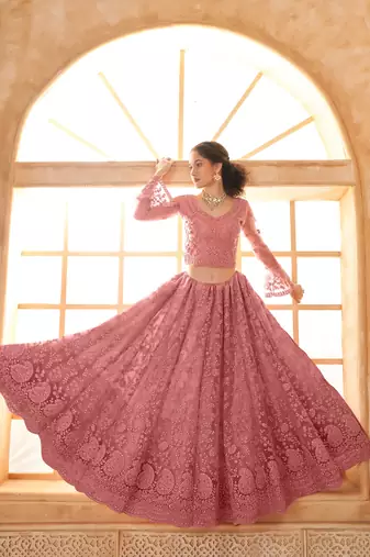 Light-Pink Cording & Thread Embroidered With Stone Work Lehenga Choli For Bride