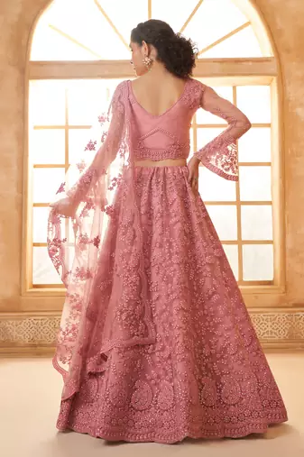 Light-Pink Cording & Thread Embroidered With Stone Work Lehenga Choli For Bride