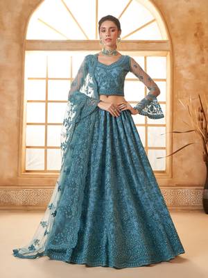 Light-Blue Cording & Thread Embroidered With Stone Work Lehenga Choli 1