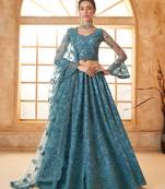 Light-Blue Cording & Thread Embroidered With Stone Work Lehenga Choli