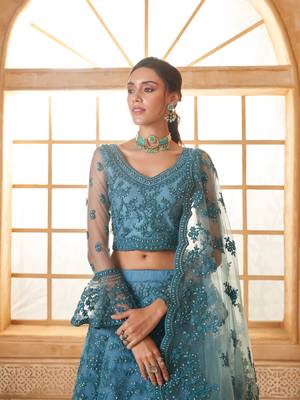 Light-Blue Cording & Thread Embroidered With Stone Work Lehenga Choli 2