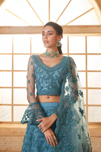 Light-Blue Cording & Thread Embroidered With Stone Work Lehenga Choli