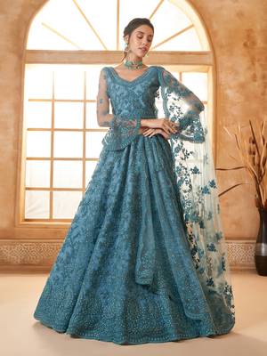 Light-Blue Cording & Thread Embroidered With Stone Work Lehenga Choli 3