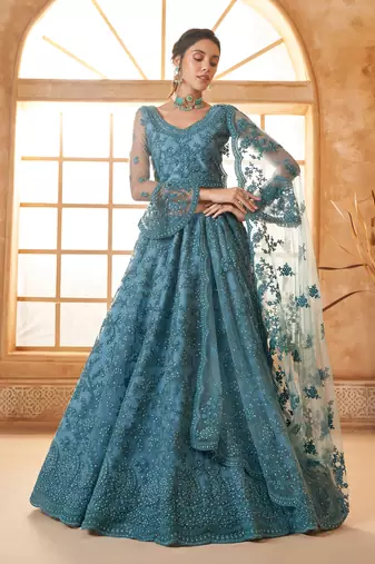 Light-Blue Cording & Thread Embroidered With Stone Work Lehenga Choli