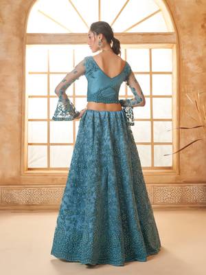 Light-Blue Cording & Thread Embroidered With Stone Work Lehenga Choli 4