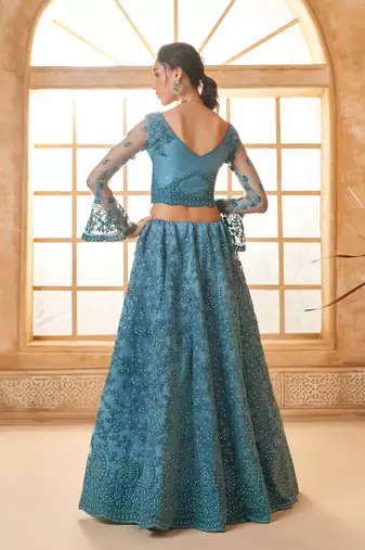 Light-Blue Cording & Thread Embroidered With Stone Work Lehenga Choli