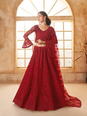 Red Cording & Thread Embroidered With Stone Work Lehenga Choli 1