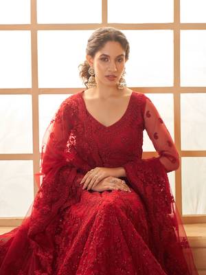 Red Cording & Thread Embroidered With Stone Work Lehenga Choli 2