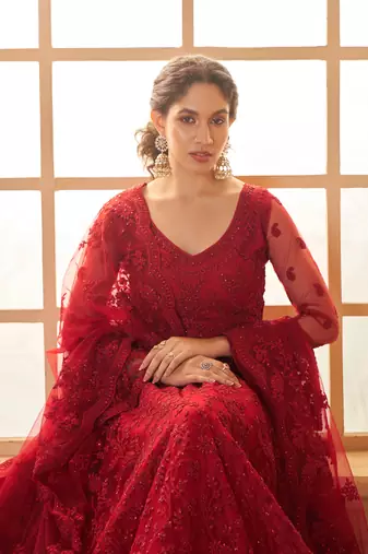 Red Cording & Thread Embroidered With Stone Work Lehenga Choli