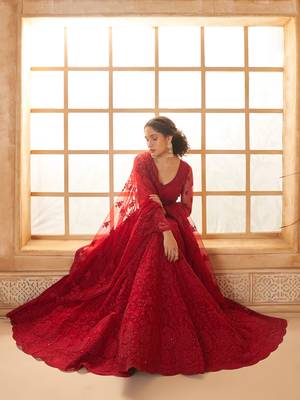 Red Cording & Thread Embroidered With Stone Work Lehenga Choli 3