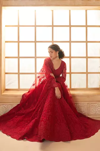 Red Cording & Thread Embroidered With Stone Work Lehenga Choli