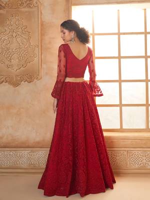 Red Cording & Thread Embroidered With Stone Work Lehenga Choli 4