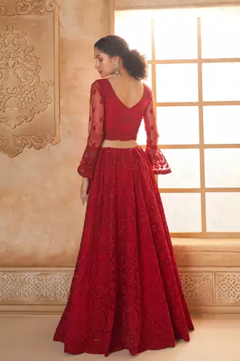 Red Cording & Thread Embroidered With Stone Work Lehenga Choli