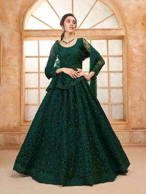 Dark-Green Cording & Thread Embroidered With Stone Work Lehenga Dress For Bridal 1