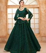 Dark-Green Cording & Thread Embroidered With Stone Work Lehenga Dress For Bridal