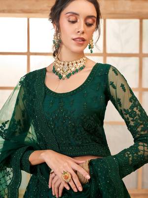 Dark-Green Cording & Thread Embroidered With Stone Work Lehenga Dress For Bridal 2