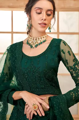 Dark-Green Cording & Thread Embroidered With Stone Work Lehenga Dress For Bridal