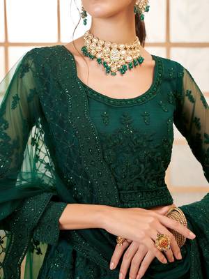 Dark-Green Cording & Thread Embroidered With Stone Work Lehenga Dress For Bridal 3