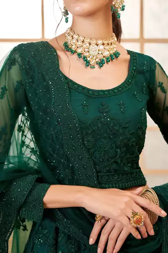 Dark-Green Cording & Thread Embroidered With Stone Work Lehenga Dress For Bridal
