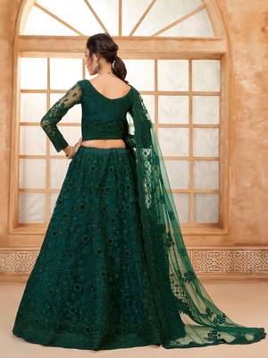 Dark-Green Cording & Thread Embroidered With Stone Work Lehenga Dress For Bridal 4