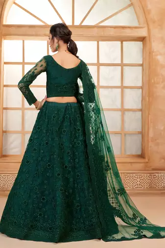Dark-Green Cording & Thread Embroidered With Stone Work Lehenga Dress For Bridal