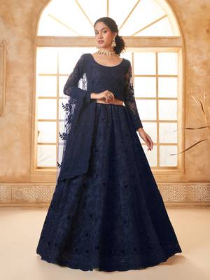 Dark-Blue Cording & Thread Embroidered With Stone Work Lehenga Choli 1