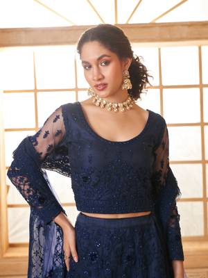 Dark-Blue Cording & Thread Embroidered With Stone Work Lehenga Choli 2