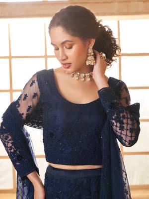 Dark-Blue Cording & Thread Embroidered With Stone Work Lehenga Choli 3
