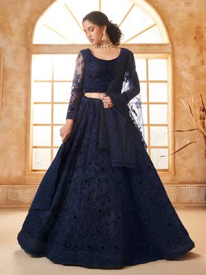 Dark-Blue Cording & Thread Embroidered With Stone Work Lehenga Choli 4