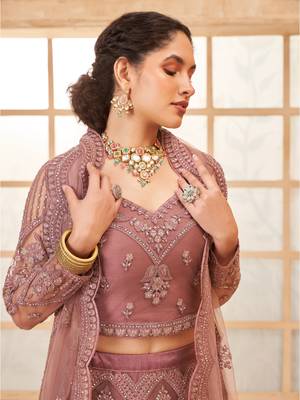 Light-Pink Cording & Thread Embroidered With Stone Work Lehenga Choli For Bride 2